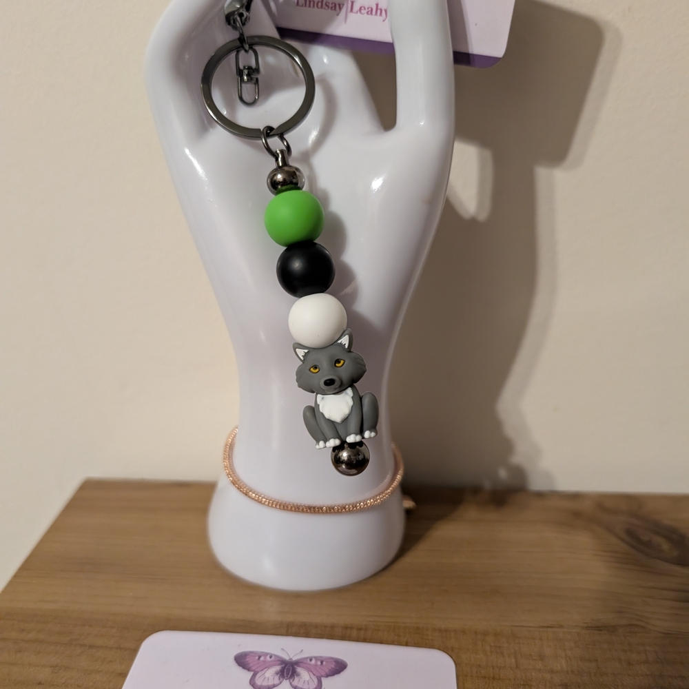 Gray Ct Keychain with Green and Black Beads
